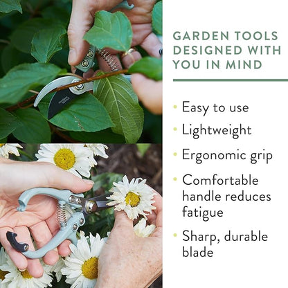 Modern Sprout Hand Pruners & Shears Set - Lightweight Gardening Tools W/Easy Lock - Sharp Carbon Steel Blades -Rust Resistant Scissors for Herbs, Flowers - Reusable Holster - Sage