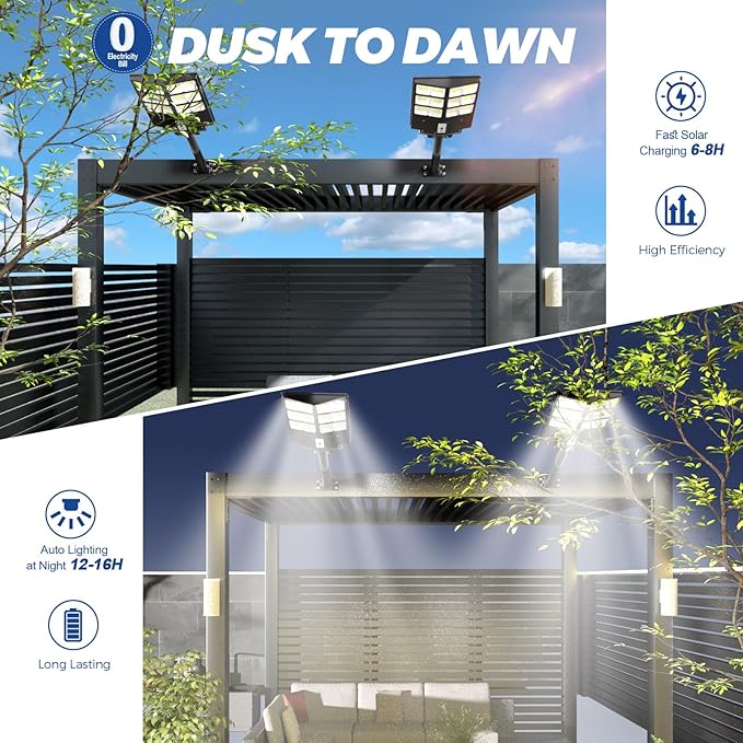 Solar Street Lights Outdoor, 6500K Solar Lights Outdoor Waterproof Dusk to Dawn, Security Flood Light with Motion Sensor and Remote for Yard, Garage, Driveway (2000W-(2 Pack))