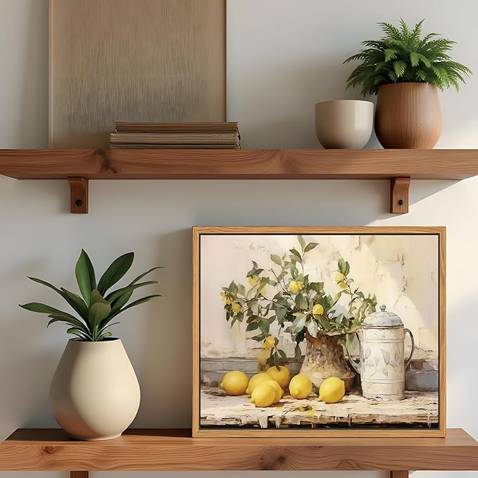 Floating Framed Vintage Kitchen Wall Art, Yellow Lemon Still Life Wall Decor Oil Paintings, Rustic Farmhouse Artwork Canvas Posters Prints Pictures for Living Room Bedroom Home Decor 8x10 Inch
