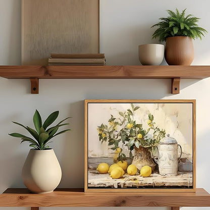Floating Framed Vintage Kitchen Wall Art, Yellow Lemon Still Life Wall Decor Oil Paintings, Rustic Farmhouse Artwork Canvas Posters Prints Pictures for Living Room Bedroom Home Decor 8x10 Inch