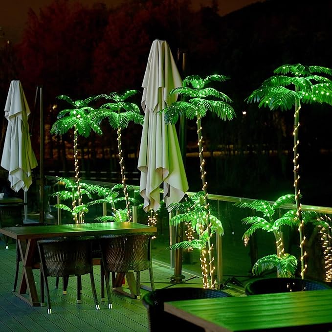 Solar Artificial Palm Tree Christmas Tree 7Ft 3Trunks 260LED Lighted Simulation Tropical Palm Tree Fake Plant Light for Patio Home Office Beach Yard Cruise Party Tiki Bar Decorations
