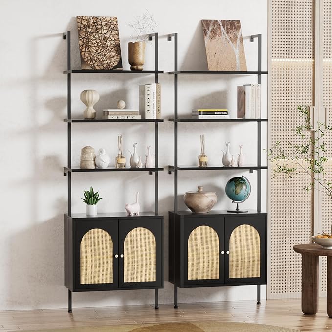 Set of 2 Tall Bookshelf with Storage, 6 Tier Ladder Bookshelf with Rattan Cabinet, Wall Mounted Bookcase with Doors & Metal Frame for Living Room, Bathroom, Home Office, Black