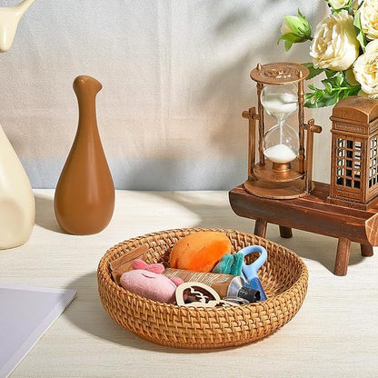 Hushee 3 Pcs Small Round Keys Basket for Entryway Woven Bowl Basket Rattan Wicker Round Tray Organizing for Keys Wallet Cell Phone Tabletop Serving Fruit Food Holder Decorative Table Storage