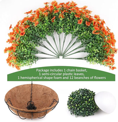 Artificial Fall Flowers Hanging Plants in Basket, Artificial Hanging Flowers for Autumn Outdoor Indoor Decor, UV Resistant Hanging Baskets with Fake Flowers for Fall Patio Garden Porch Deck Decoration