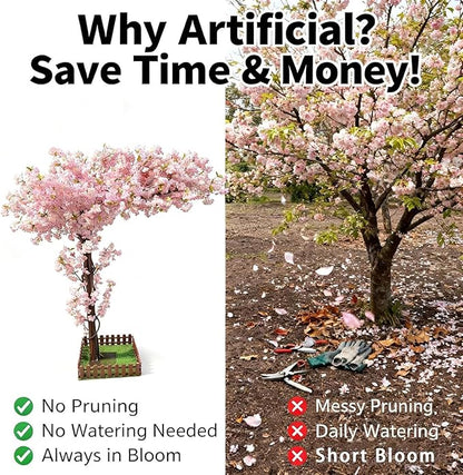 Artificial Cherry Blossom Tree 5.9Ft, Pink Silk Flowers with Solid Wood Trunk for Home & Garden Decor