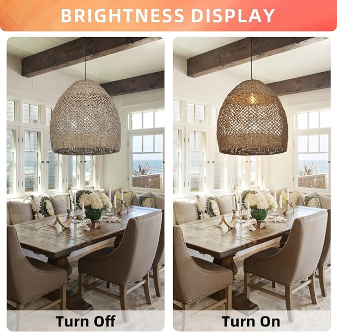 Arturesthome 19.6" Retro Rattan Woven Pendant Light Fixture, Chandelier with Lamp Shade Light Cover, Hanging Lighting for Kitchen Dining Room Foyer