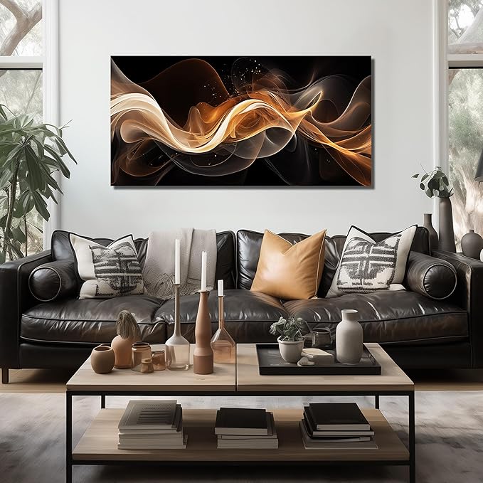 JuhaiArt Abstract Canvas Wall Art Bedroom Black Wall Decorations Gold Picture for Living Room Office 24" x 48" Lines Artwork