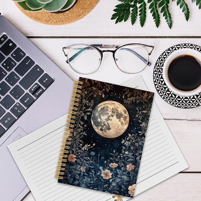 XPH Vintage Floral Moon Spiral Notebook, Dark Cottagecore Botanical Flower Journaling Notebooks for Women, Floral Aesthetic Hardcover Journals for Writing 160 Pages 5.5 x 8.3 Inch, Moon Gifts