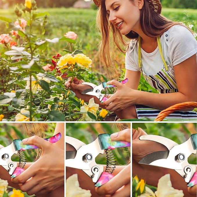 Garden Tools Set, JUMPHIGH 10 Pieces Gardening Tools with Floral Print, Ergonomic Handle Trowel Rake Weeder Pruner Shears Sprayer, Garden Hand Tools with Carrying Case Gardening Gifts for Women Father