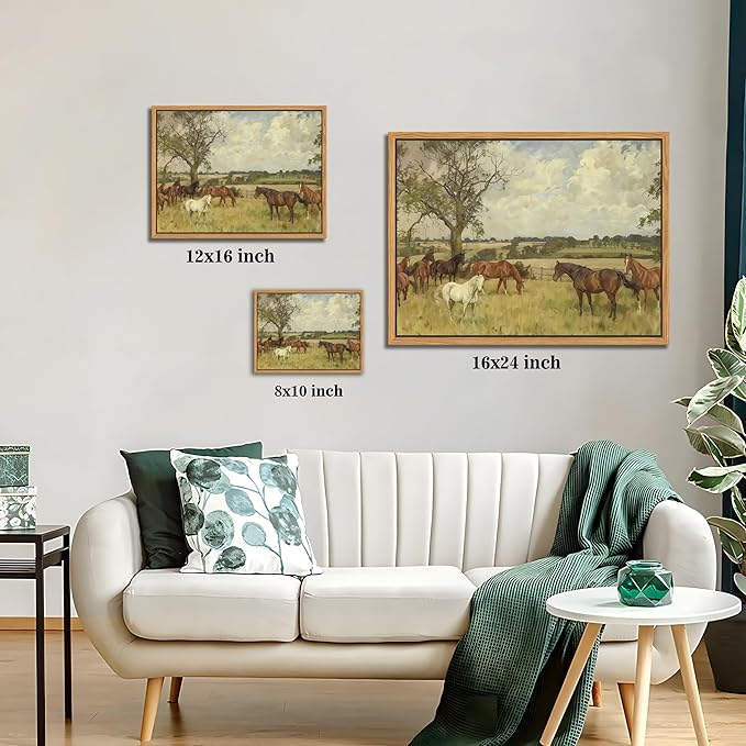 SAMHOU Floating Framed Canvas Wall Art, Vintage Nature landscape Picture Wall Decor, Majestic Brown Horse in The Countryside Poster Prints for Living Room Bathroom Bedroom Rustic Decor 12x16 inch