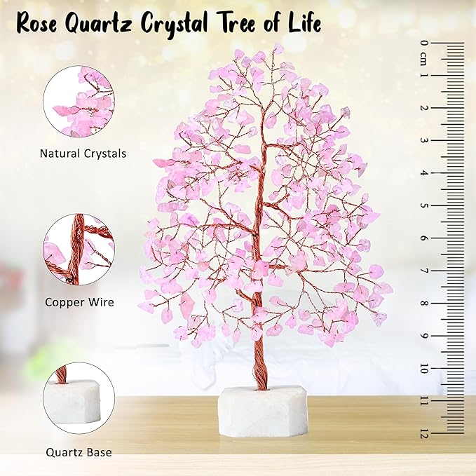 Rose Quartz Crystal Tree Gemstone Tree of Life Quartz Base Chakra Bonsai Tree for Room, Office & Bedroom Decor Spiritual Gift Meditation Birthday Gift for Women Mom her Sister Housewarming Gifts Home