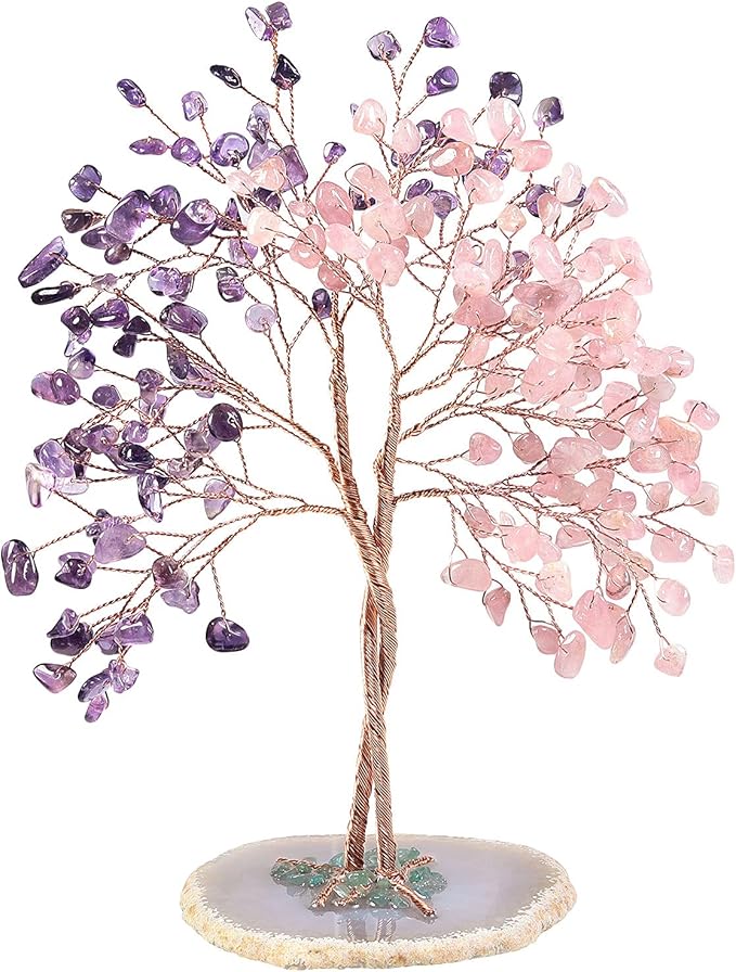 mookaitedecor Handmade Rose Quartz & Amethyst Crystal Tree with Agate Slice Base, Bonsai Money Tree of Life for Wealth and Luck, Feng Shui Home Decor