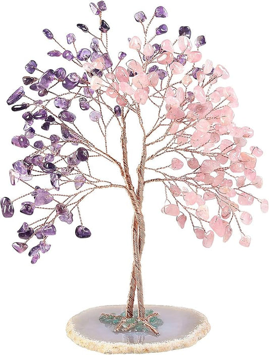 mookaitedecor Handmade Rose Quartz & Amethyst Crystal Tree with Agate Slice Base, Bonsai Money Tree of Life for Wealth and Luck, Feng Shui Home Decor