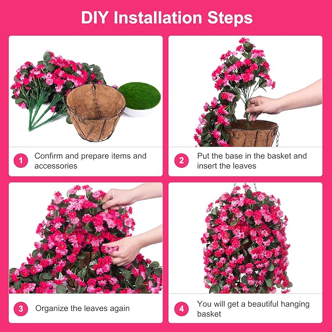 Artificial Flowers in Hanging Basket for Outdoors Indoors Decor, Artificial Mums Bush Flowers Plants with Baskets for Home Porch Garden Yard Patio Spring Summer Decoration (Rose Red)
