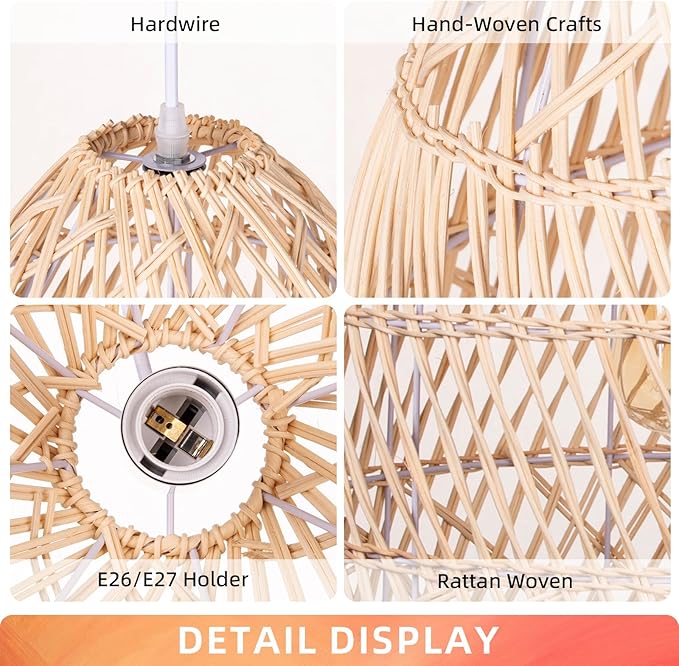 Arturesthome Natural Rattan Pendant Light, Woven Lantern Chandelier Pendant Lamp Shade, Hanging Ceiling Light, Handmade Lampshade for Kitchen Island Hallway Foyer