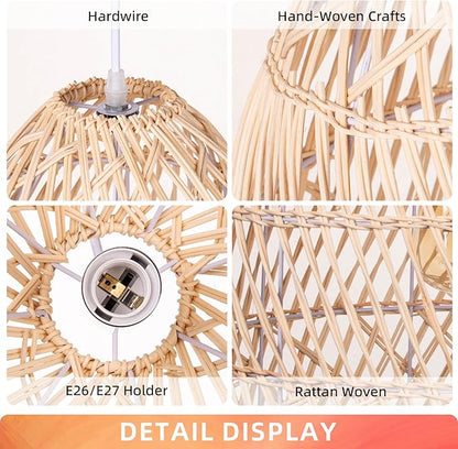 Arturesthome Natural Rattan Pendant Light, Woven Lantern Chandelier Pendant Lamp Shade, Hanging Ceiling Light, Handmade Lampshade for Kitchen Island Hallway Foyer