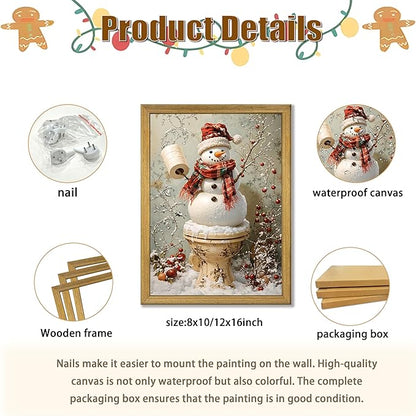 Vintage Snowman Christmas Wall Art, Cute Snowman Canvas Prints Poster, Winter Farmhouse Painting Artwork Picture, Rustic Holiday Christmas Wall Decor for Living Room Bathroom 8x10 Inch Framed