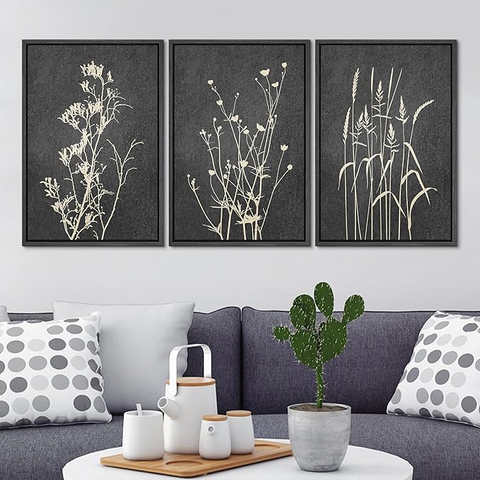 Ashbrook Framed Canvas Print Wall Art Set Black Tan Forest Plant Silhouettes Nature Wilderness Illustrations Modern Art Rustic Chic Colorful for Living Room, Bedroom, Office - 16"x24"x3 Black