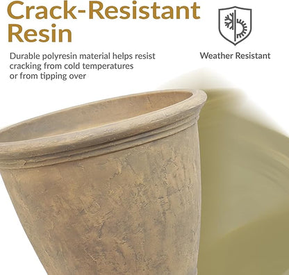 Sunnydaze 24-Inch Anjelica Large Plastic Pot for Plants - Double-Walled Outdoor Polyresin Round Planter Porch Pot with Drillable Drainage Holes - Beige - 2pk