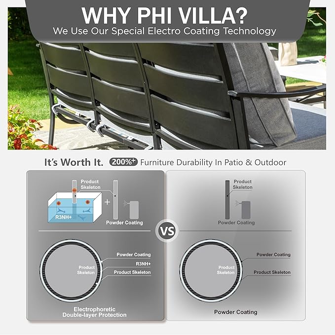 PHI VILLA 4 Piece Patio Furniture Sets for 5 Person with 1 x 3-Seat Deep Seating Bench, 2 x Cushioned Swivel Sofa Chairs & 1 x Coffee Table, Outdoor Metal Conversation Set for Lawn Garden,Grey