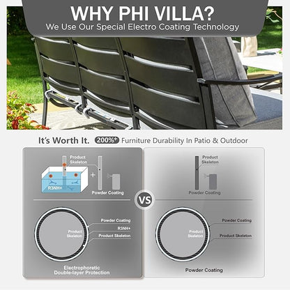 PHI VILLA 6 Piece Patio Furniture Sets with 1 x 3-Seat Deep Seating Bench, 2 x Cushioned Swivel Sofa Chairs, 1 x Coffee Table & 2 Ottoman, Outdoor Metal Conversation Set for Lawn Garden Yard,Grey