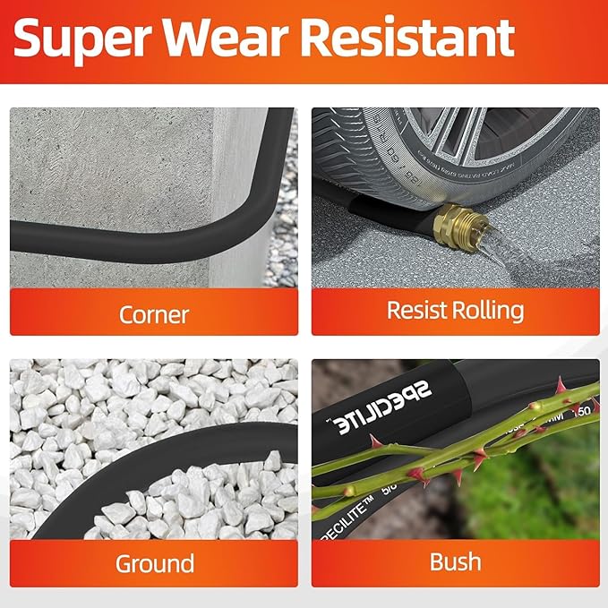 SPECILITE Garden Water Hose 75 ft x 3/4 in Heavy Duty, Flexible and Lightweight, Burst 600 psi, Kink-less Hybrid Rubber Pipe for Backyard, 3/4'' Brass Fittings, Black