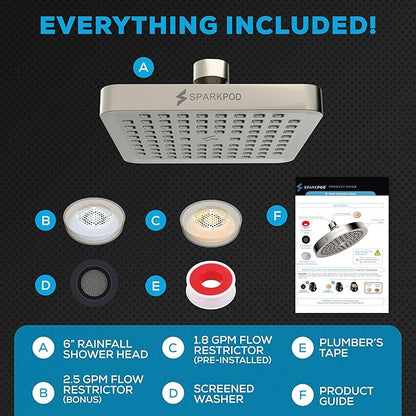 SparkPod Shower Head - High Pressure Rain - Premium Quality Luxury Design - 1-Min Install - Easy Clean Adjustable Replacement for Your Bathroom Shower Heads (Elegant Brushed Nickel, 8 Inch Square)
