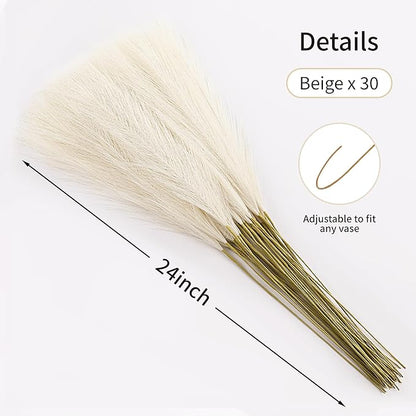 Faux Beige Pampas Grass - 30pcs 24 Inch Boho Home Decor, Artificial pompas Floral, Small Fake Pompous Grass for Table Centerpieces, Wedding and Baby Shower Decorations (Beige, 30 Pieces)