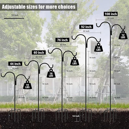 Gtongoko Double Shepherds Hook for Outdoor, 76 Inch Bird Feeder Pole with 5 Prongs Base, 5/8 Inch Thick Heavy Duty Adjustable Garden Hook for Hanging Plant, Lantern, Hummingbird Feeder, 1 Pack