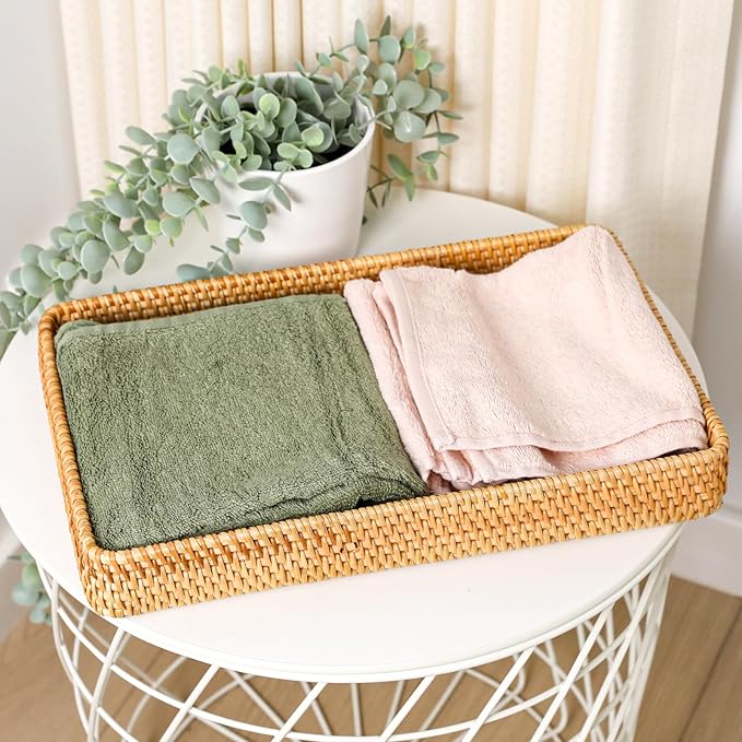 Wicker Storage Basket Rattan Tray Rectangular Wicker Basket Decorative Serving Tray Fruit Baskets Food Serving Holders Woven Baskets for Storage Home Kitchen Restaurant Decor (14.6 x 9 x 2 inches)