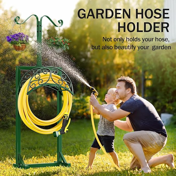 Garden Hose Holder - Upgraded Water Hose Holders for Outside with 5 Spikes & 2 Shepherds Hooks, Freestanding Hose Stand Hose Hanger Hose Storage Hose Reel Rack for Yard Lawn(Green)
