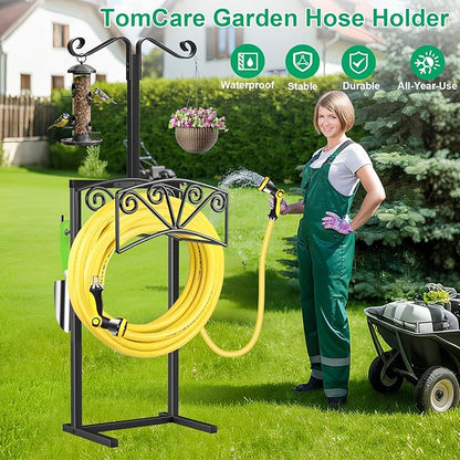 TomCare Garden Hose Holder with 2 Shepherds Hooks Heavy Duty Water Hose Holder Holds 160 FT Hoses Sturdy Hose Reel with 2 Tool Hooks Freestanding Outdoor Hoses Storage Hanger for Outside Yard, Black