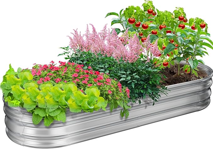 GOOZOO Galvanized Planter Raised Garden Bed, 4x2x1ft Raised Garden Bed Kit for Gardening Outdoor, Oval Metal Land Planter Box for Vegetables, Flowers, Herbs, Fruits, Easy Assembly（Silver）