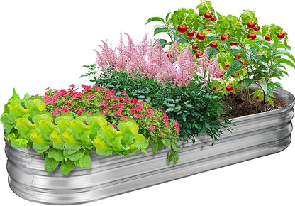 GOOZOO Galvanized Planter Raised Garden Bed, 4x2x1ft Raised Garden Bed Kit for Gardening Outdoor, Oval Metal Land Planter Box for Vegetables, Flowers, Herbs, Fruits, Easy Assembly（Silver）