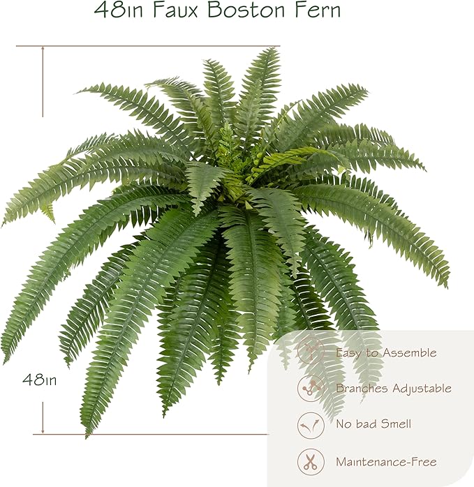 48in UV Resistant Artificial Ferns for Outdoors Large, Realistic Fake Boston Fern with Full Multiple Silk Fronds, Faux Boston Fern for Porch Outdoors, Garden or Hanging, 2 Pack