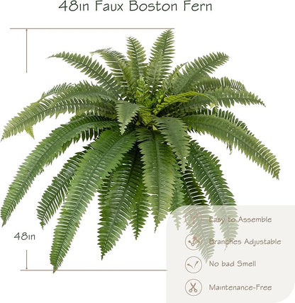 48in UV Resistant Artificial Ferns for Outdoors Large, Realistic Fake Boston Fern with Full Multiple Silk Fronds, Faux Boston Fern for Porch Outdoors, Garden or Hanging, 2 Pack