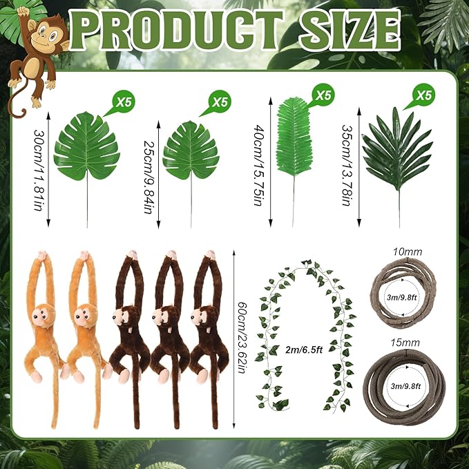 Bucherry Jungle Theme Party Decorations Forest Party Supplies Tropical Rainforest Leaves with Fake Vines Artificial Rattan Monkey Stuffed Animal for Indoor Outdoor Forest Jungle Themed Birthdays Decor