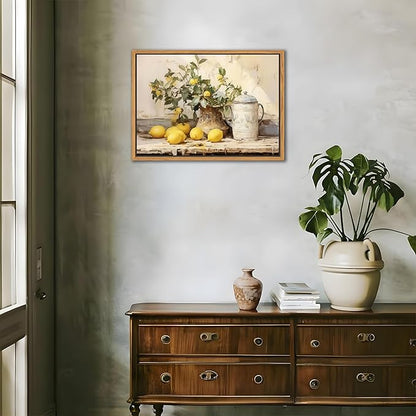 Floating Framed Vintage Kitchen Wall Art, Yellow Lemon Still Life Wall Decor Oil Paintings, Rustic Farmhouse Artwork Canvas Posters Prints Pictures for Living Room Bedroom Home Decor 12x16 Inch