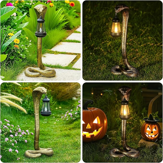 19.29'' Garden Outdoor Statues Snake with Solar Lantern,Lawn Decor Snake Statue for Patio,Balcony,Yard Ornament - Unique Housewarming Gifts,Haunted House Prop and Christmas Decorations