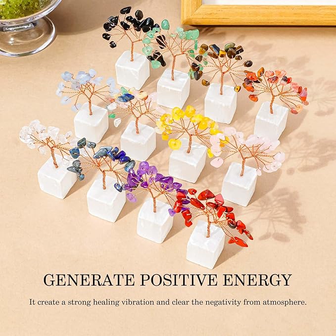 Runyangshi 12pcs Crystal Tree Set Natural Healing Crystal Gemstone Tree of Life with Selenite Base Trees Fengshui Good Luck Purification Positive Energy Home Decor