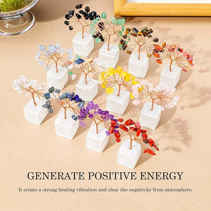 Runyangshi 12pcs Crystal Tree Set Natural Healing Crystal Gemstone Tree of Life with Selenite Base Trees Fengshui Good Luck Purification Positive Energy Home Decor
