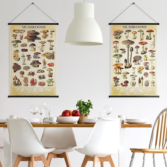 Geosar 2 Pcs Vintage Mushroom Flower Butterfly Tree Poster Fungus Rustic Wall Hanging Illustrative Reference Chart Poster for Bedroom Living Room, 15.7 x 23.6 Inch(Vintage Mushroom)