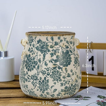 Teal Ceramic Pot for Planter, Vintage Flower Pot with Drainage Holes, 6.3 inch Ice Crack Glazed Indoor Planters Pot with Handle (Cyan)
