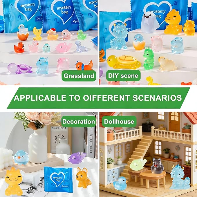 50 Pcs Glow in The Dark Mini Resin Animals,Mystery Blind Bags Bulk Assortment with Tiny Miniature Figurines for DIY Crafts,Fairy Garden Decor,Dollhouse Accessories,Party Supplies