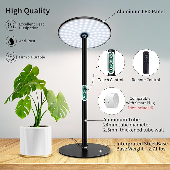 chiphy Desk Grow Lights for Indoor Plants, Full Spectrum LED Plant Light, 40W Aluminum Tabletop Grow Lamp, Automatic Timer 4H/8H/12H, 16''-30'' Height Adjustable, Remote for Large Small Plants