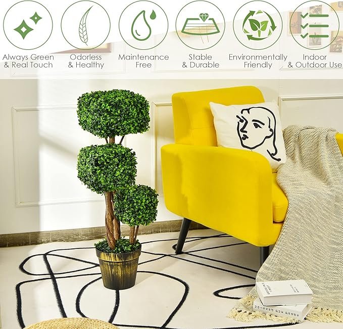 Goplus 36” Artificial Triple Square Shaped Boxwood Topiary Tree W/Cement-Filled Plastic Pot, Fake Plant Faux Greenery Plant Indoor & Outdoor Decoration for Home, Office, Garden, Patio, Entrance