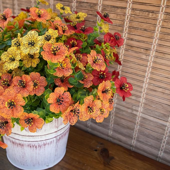 Artificial Flowers for Outdoors, Faux Flowers for Outdoor Planters, 12 Bundles Realistic Silk Flower Faux Fake Plants for Porch Patio Yard Planters, Home Decor, Yellow + Orange + Red