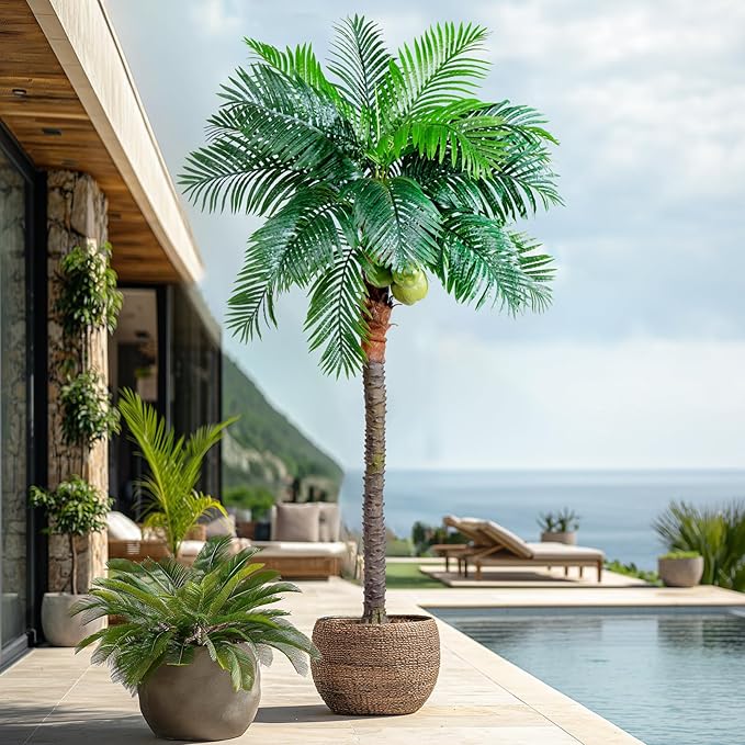 9.1FT Artificial Phoenix Palm Tree with Coconut Fruit Artificial Plants Indoor Outdoor Large Faux Coconut Palm Tree Tropical Fake Palm Plant for Modern Farmhouse Yard Outside Patio Poolside
