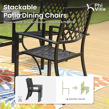 PHI VILLA 9 Pieces Outdoor Dining Set for 8, 84" Long Expandable Wrought Iron Table & Stackable Metal Chairs, Large Furniture Set for Patio, Deck, Yard, Porch - Black