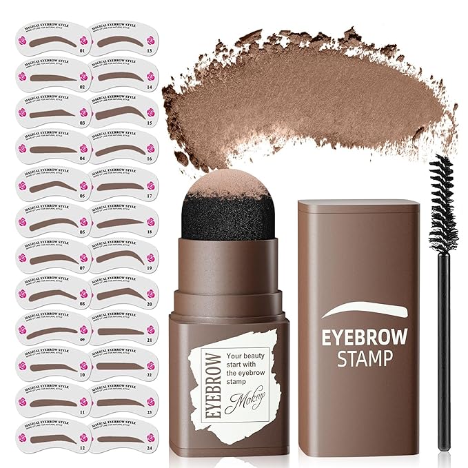 Eyebrow Stamp Stencil Kit - Eye Brow Stencil Kits with Eyebrow Blush, Long-lasting Waterproof & Smudge-Proof Eyebrow Shaping Kit with 24 Reusable Eyebrow Stencils for Perfect Brow (Medium Brown)
